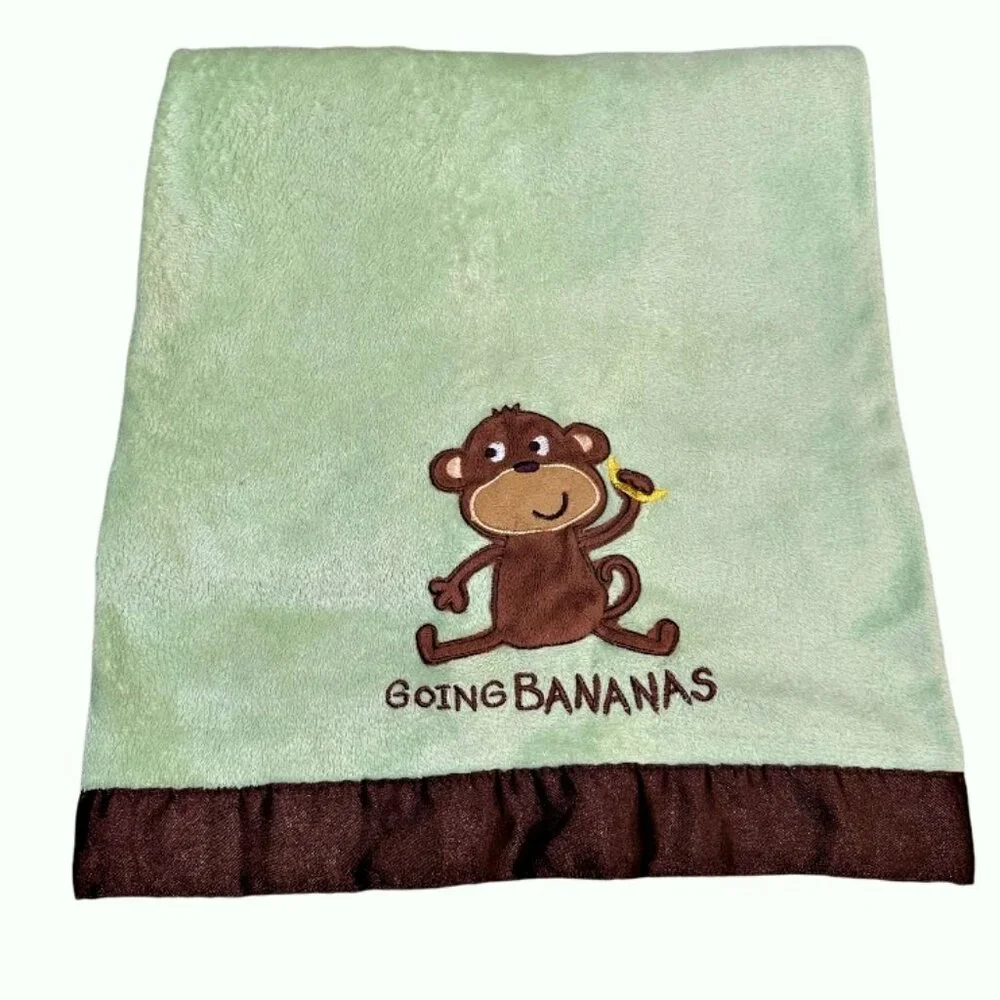 CARTERS Baby Blanket Lovey Monkey Going Bananas Satin Trim 30 x 38 Green Brown